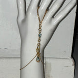 Aqua blue rhinestone bedazzled carabiner adjustable gold plated stainless steel fancy fingerbang hand chain
