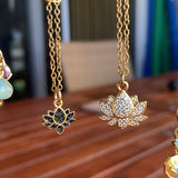 Stainless Steel gold plated tiny lotus REBIRTH black cz FLOWER Necklace