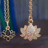 Stainless Steel gold plated lotus REBIRTH white rhinestone FLOWER Necklace