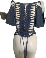 Satisfaction overly shredded backless slit weave shredded cut up t shirt