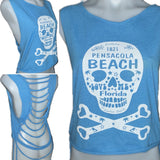 Vintage Pensacola Sugar skull cut woven finger crochet backless slitweave vacation souvenirs muscle t shirt crop tank top