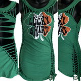 Green lucky shirt shamrock 4 leaf clover Paddy’s day overly shredded slit weave backless micro mini dress