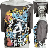 Fantastic four classic vintage comic book hero cut up woven backless finger crochet slitweave t shirt