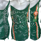 Bleached St Paddy’s day overly shredded slit weave cut up woven backless micro mini cami holiday drinking dress