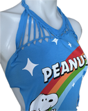 BFF vintage comic book Snoopy Woodstock Peanuts Festival Fashion overly shredded halter backless retro slit weave fringe micro mini t shirt dress
