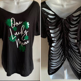 One lucky mama st Patrick’s day green glitter shamrock drinking party luck of the graphic holiday backless slit weave cut woven t shirt L XL