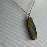 Real etched switch blade opens Stainless Steel gold plated Necklace with clear rhinestone