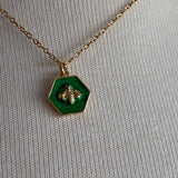 Stainless Steel gold plated green enamel bumble bee Necklace
