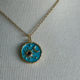 Stainless Steel gold plated aqua blue enamel universe sun moon and stars rhinestone charm pendant and tiny turquoise rhinestone dangle Necklace