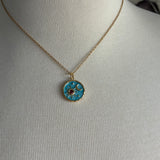 Stainless Steel gold plated aqua blue enamel universe sun moon and stars rhinestone charm pendant and tiny turquoise rhinestone dangle Necklace
