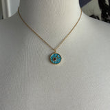 Stainless Steel gold plated aqua blue enamel universe sun moon and stars rhinestone charm pendant and tiny turquoise rhinestone dangle Necklace