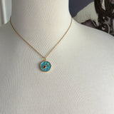 Stainless Steel gold plated aqua blue enamel universe sun moon and stars rhinestone charm pendant and tiny turquoise rhinestone dangle Necklace