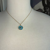 Stainless Steel gold plated aqua blue enamel universe sun moon and stars rhinestone charm pendant and tiny turquoise rhinestone dangle Necklace