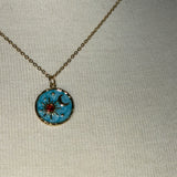 Stainless Steel gold plated aqua blue enamel universe sun moon and stars rhinestone charm pendant and tiny turquoise rhinestone dangle Necklace