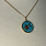 Stainless Steel gold plated aqua blue enamel universe sun moon and stars rhinestone charm pendant and tiny turquoise rhinestone dangle Necklace