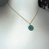 Stainless Steel gold plated aqua blue enamel universe sun moon and stars rhinestone charm pendant and tiny turquoise rhinestone dangle Necklace