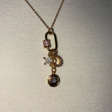 Stainless Steel gold plated bedazzled rhinestone carabiner moon stars and evil eye charm Necklace
