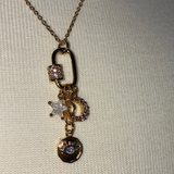 Stainless Steel gold plated bedazzled rhinestone carabiner moon stars and evil eye charm Necklace