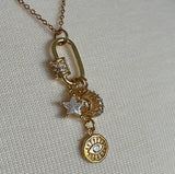 Stainless Steel gold plated bedazzled rhinestone carabiner moon stars and evil eye charm Necklace
