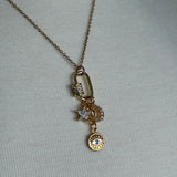 Stainless Steel gold plated bedazzled rhinestone carabiner moon stars and evil eye charm Necklace