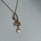 Stainless Steel gold plated bedazzled rhinestone carabiner moon stars and evil eye charm Necklace