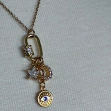 Stainless Steel gold plated bedazzled rhinestone carabiner moon stars and evil eye charm Necklace