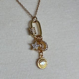 Stainless Steel gold plated bedazzled rhinestone carabiner moon stars and evil eye charm Necklace