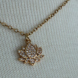 Stainless Steel gold plated lotus REBIRTH white rhinestone FLOWER Necklace with yellow teardrop dangle