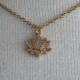 Stainless Steel gold plated lotus REBIRTH white rhinestone FLOWER Necklace with yellow teardrop dangle