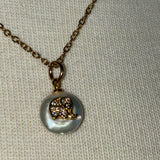 Stainless Steel gold toned rhinestone pave Ganesha lucky elephant coin Pearl Necklace