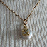 Stainless Steel gold toned rhinestone pave Ganesha lucky elephant coin Pearl Necklace