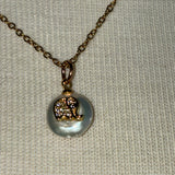 Stainless Steel gold toned rhinestone pave Ganesha lucky elephant coin Pearl Necklace