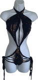 Bleached shredded cut up Reworked navy tie halter T Shirt Bodysuit