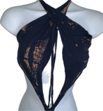 Bleached shredded cut up Reworked navy tie halter T Shirt Bodysuit
