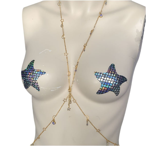 Crescent moon and dazzling stars adjustable gold bodychain Body Jewelry EZ DUZIT 