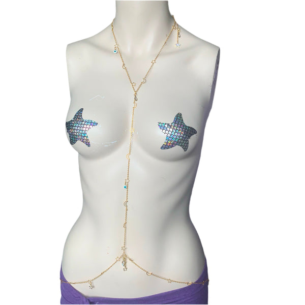 Evil Eye Crescent moon and dazzling stars adjustable gold bodychain Body Jewelry EZ DUZIT 