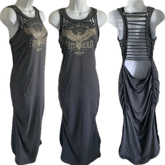 Fly High graphic gray backless boho style slitweave Maxi dress Reworked dress EZ DUZIT 