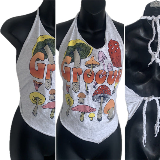 Groovy retro Mushie festival fashion reworked handkerchief style halter top reworked t shirt EZ DUZIT 