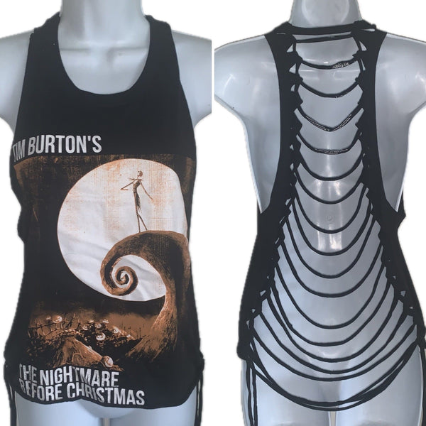 Nightmare before Christmas Inspired backless holiday slitweave graphic muscle t shirt reworked t shirt EZ DUZIT 