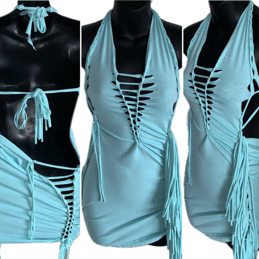 Sultry Aqua blue shredded slit weave backless halter micro mini dress Reworked sweatshirt EZ DUZIT 