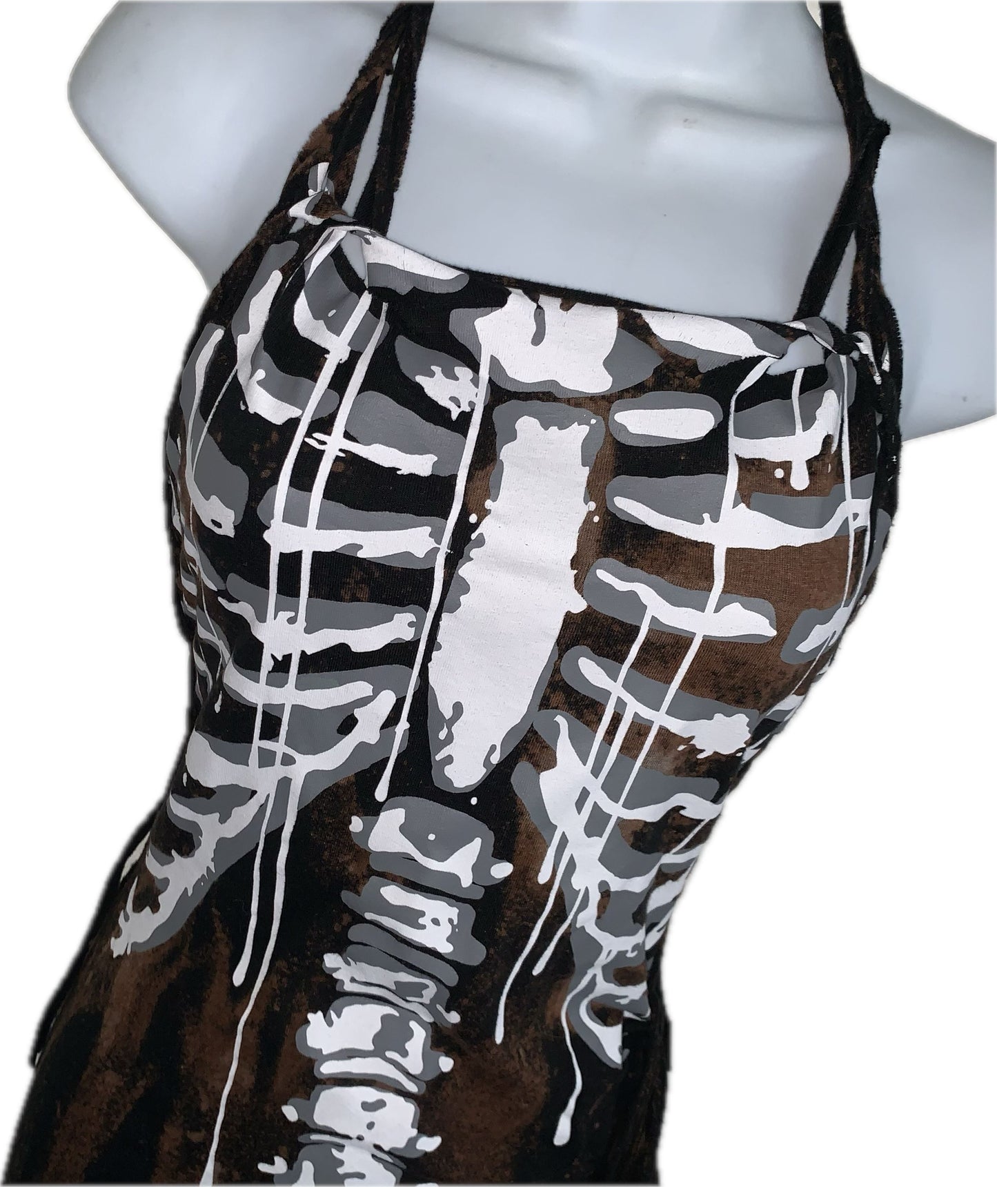 Sultry bleached skeleton drip slitweave fringe backless shredded halter micro mini dress reworked t shirt EZ DUZIT 