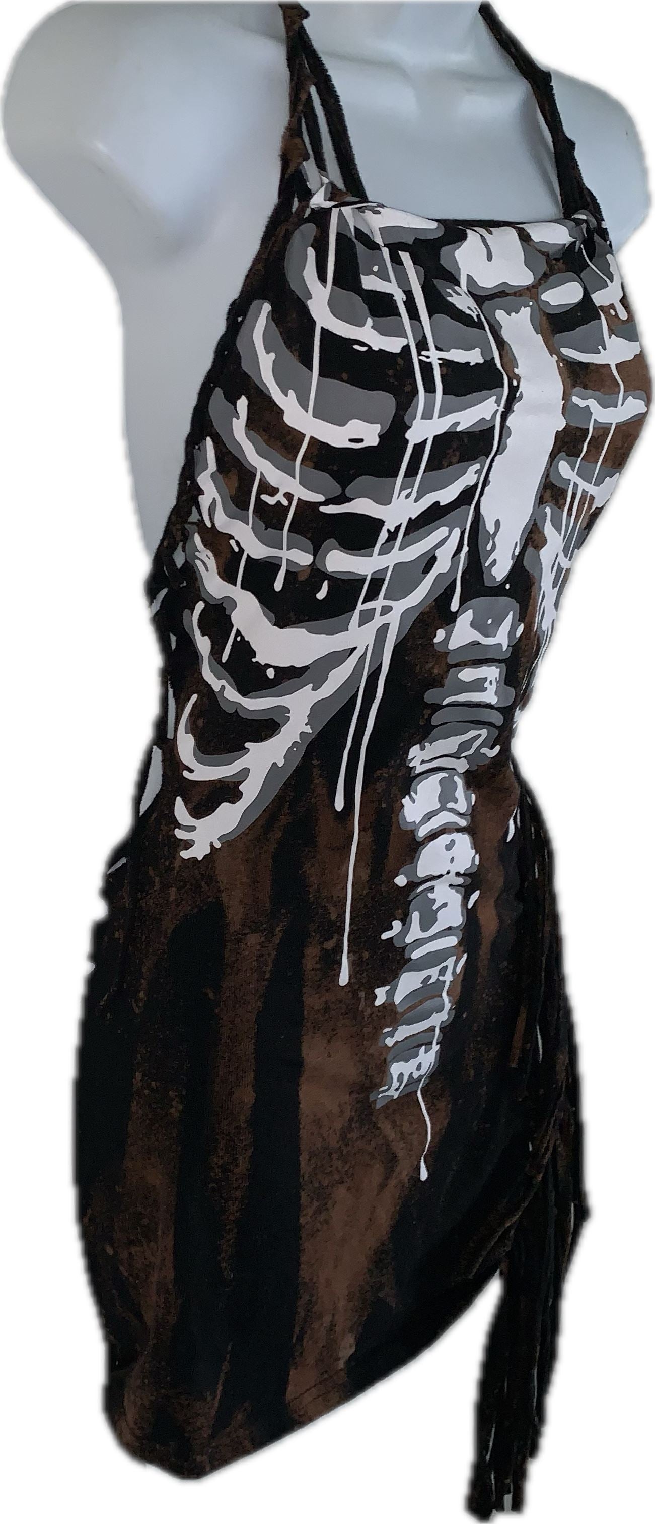 Sultry bleached skeleton drip slitweave fringe backless shredded halter micro mini dress reworked t shirt EZ DUZIT 