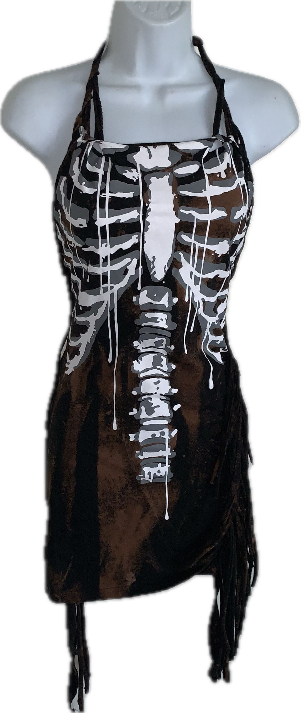 Sultry bleached skeleton drip slitweave fringe backless shredded halter micro mini dress reworked t shirt EZ DUZIT 