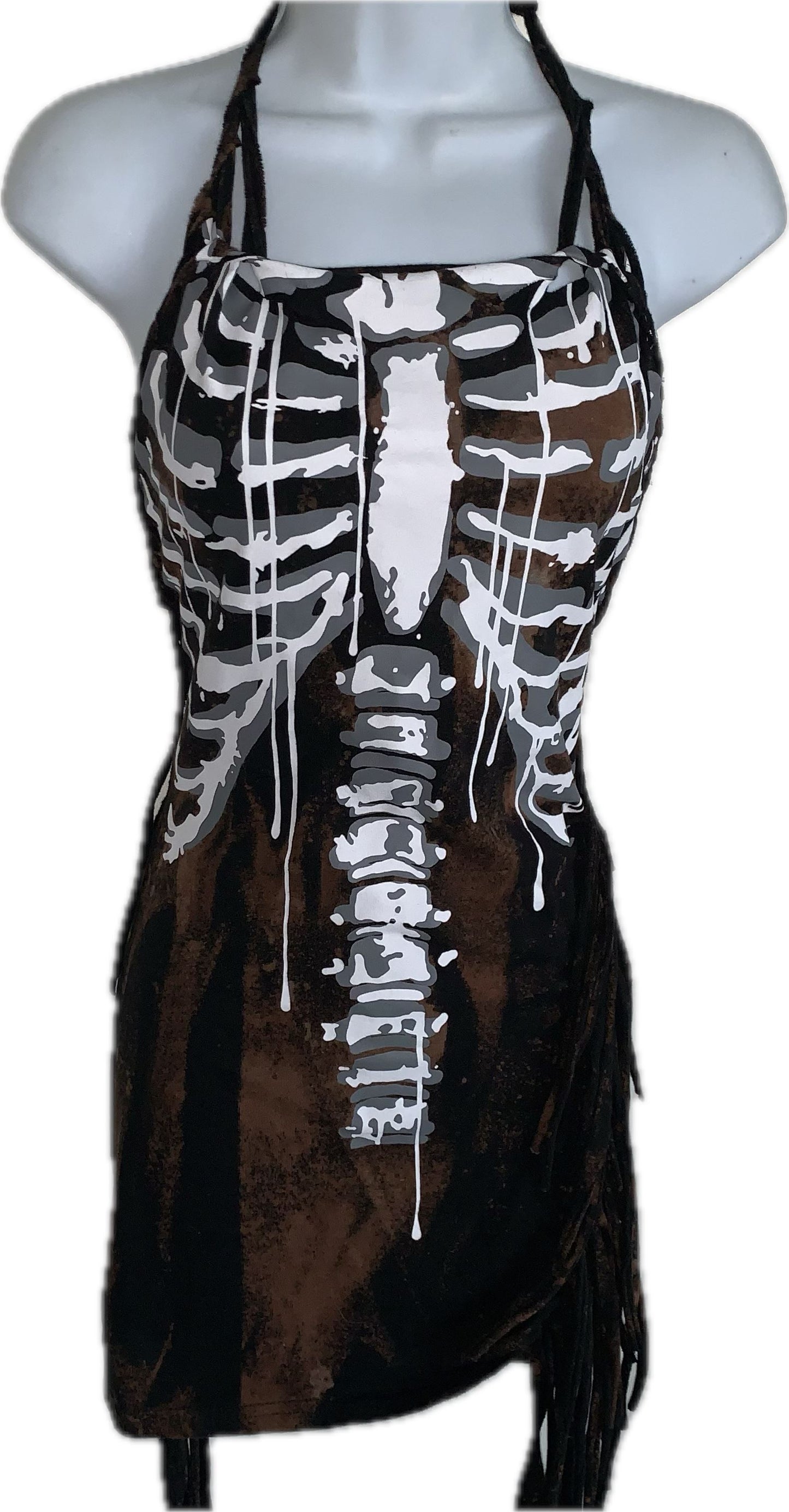 Sultry bleached skeleton drip slitweave fringe backless shredded halter micro mini dress reworked t shirt EZ DUZIT 