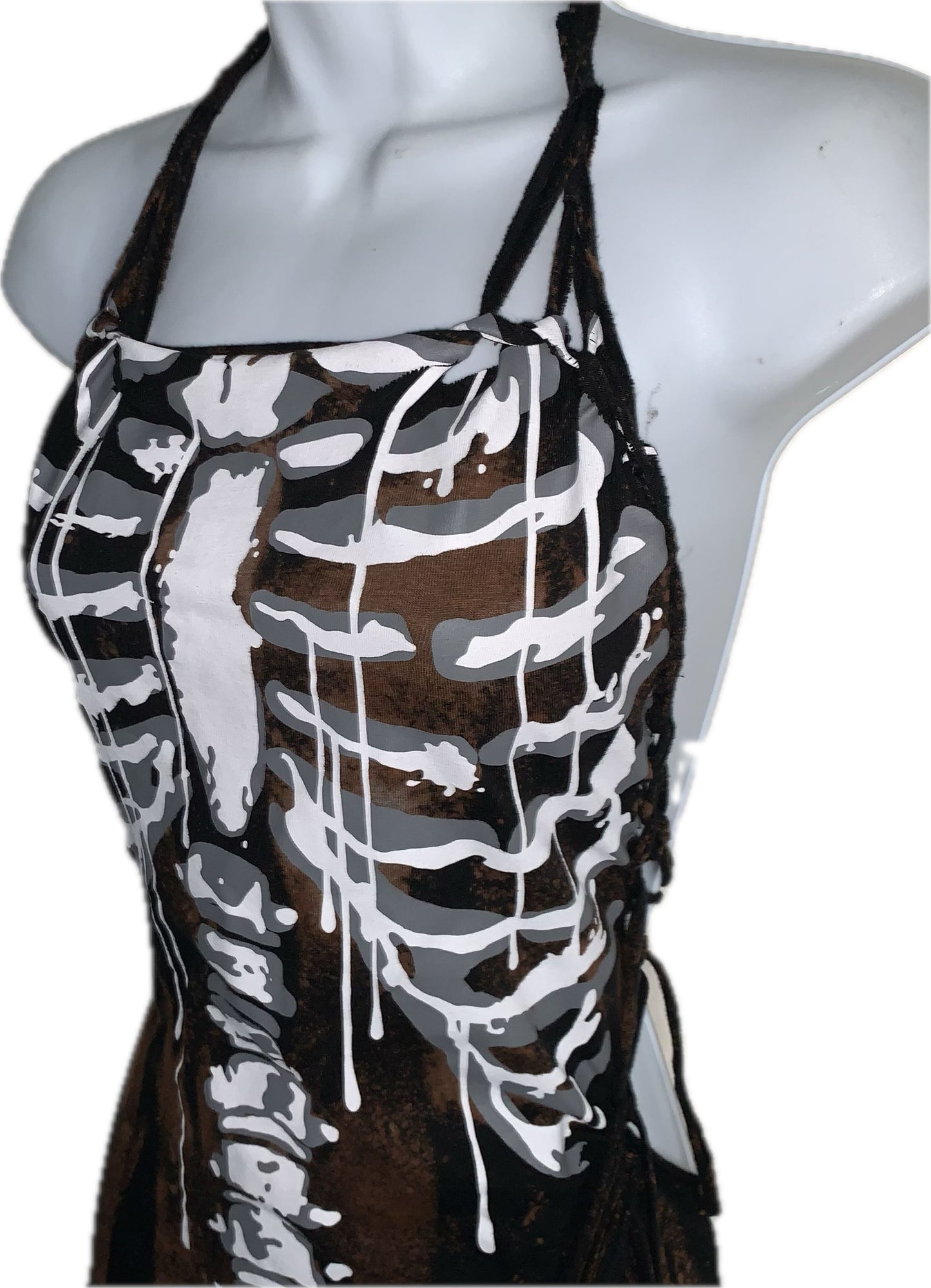 Sultry bleached skeleton drip slitweave fringe backless shredded halter micro mini dress reworked t shirt EZ DUZIT 