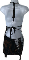 Sultry bleached skeleton drip slitweave fringe backless shredded halter micro mini dress reworked t shirt EZ DUZIT 
