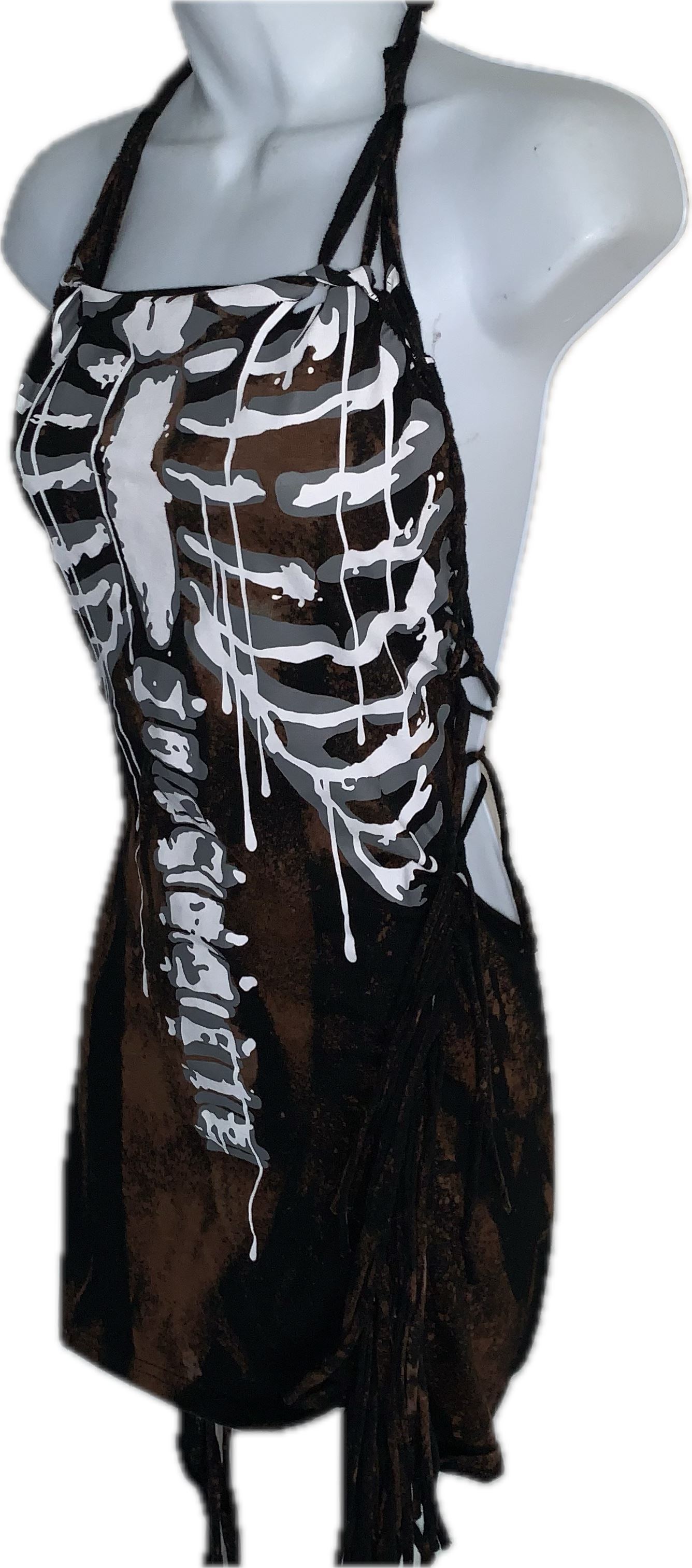 Sultry bleached skeleton drip slitweave fringe backless shredded halter micro mini dress reworked t shirt EZ DUZIT 