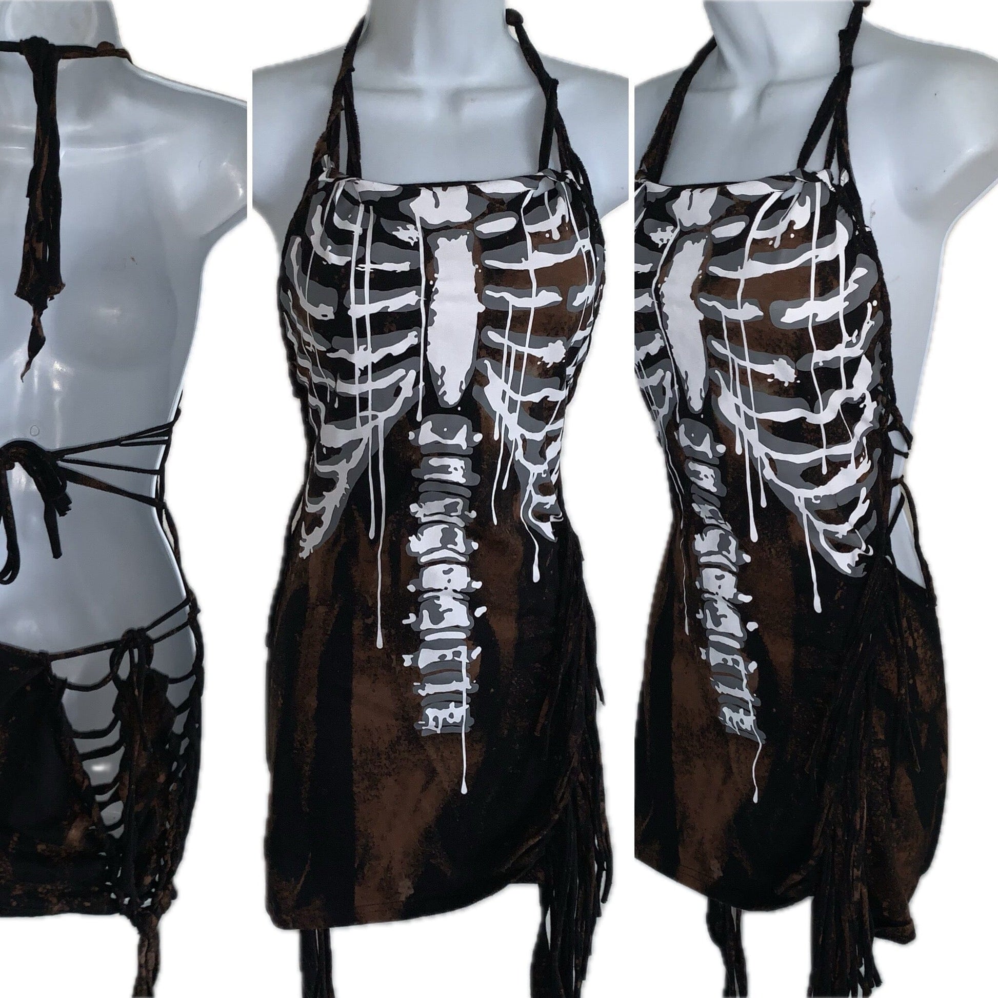 Sultry bleached skeleton drip slitweave fringe backless shredded halter micro mini dress reworked t shirt EZ DUZIT 