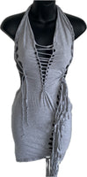 Sultry grey shredded slit weave backless halter micro mini dress reworked t shirt EZ DUZIT 