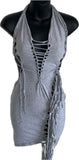 Sultry grey shredded slit weave backless halter micro mini dress reworked t shirt EZ DUZIT 